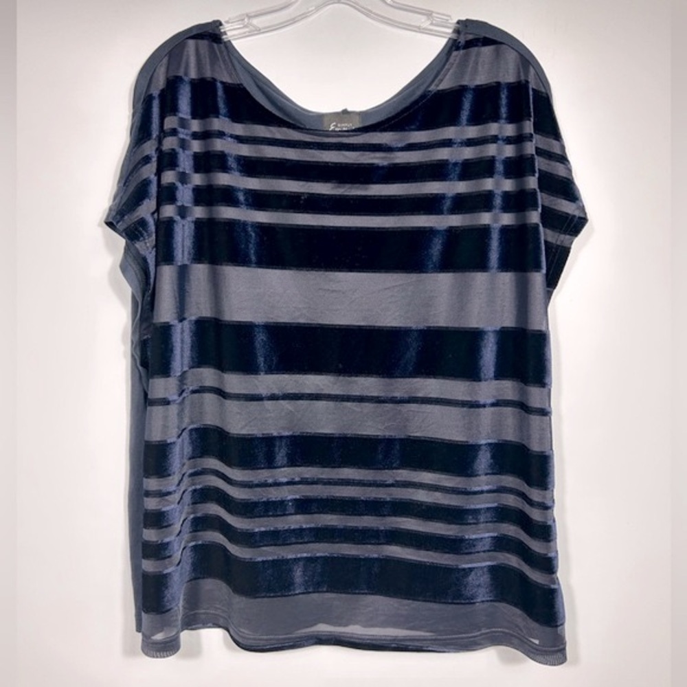 Simply Emma Velvet Panels Blouse 1X Navy Blue Striped Top Bateau Neck - Picture 2 of 9